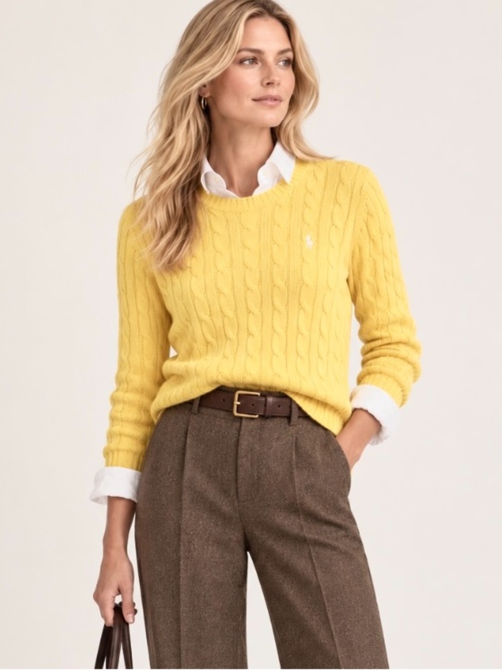 Polo Ralph Lauren Yellow Cable Knit Crewneck Sweater Preppy Classic Cotton XL